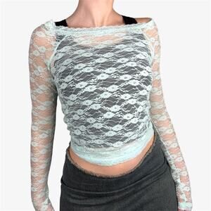 Mudd light blue lace sheer long sleeve top - size medium